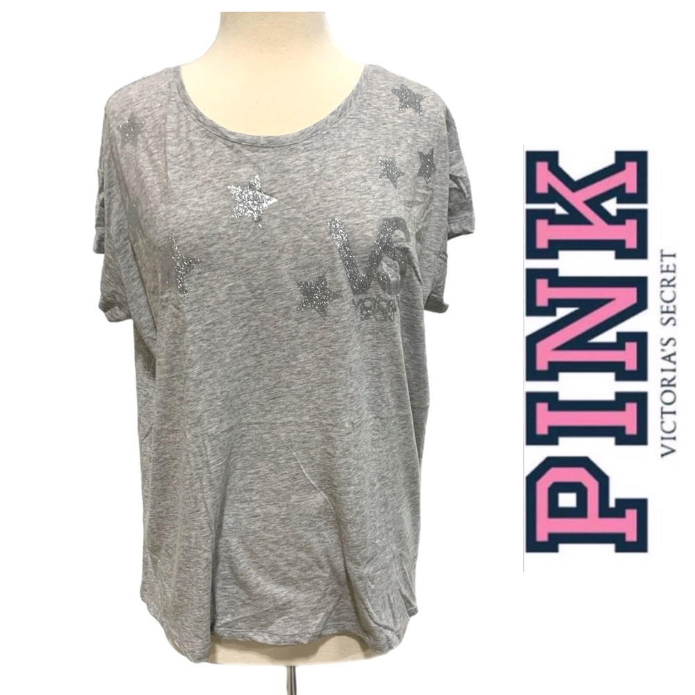 PINK Victoria's Secret Gray w- Glitter Print Women's Top-‎ 6096 Size XL